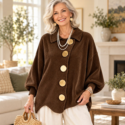 Women's Elegant Ribbed Knit Cardigan with Gold Buttons