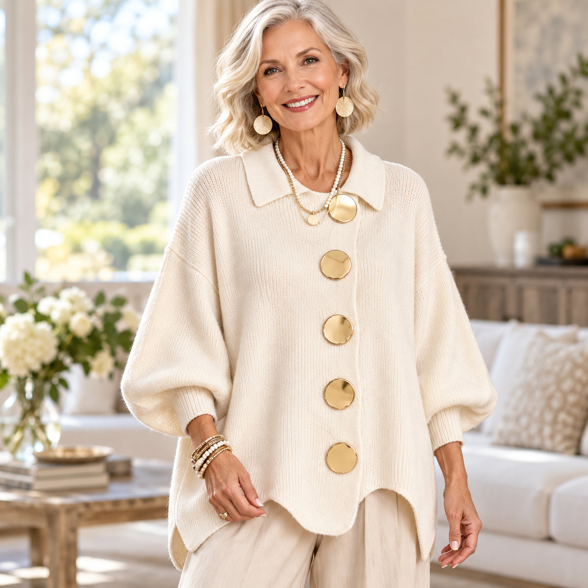 Women's Elegant Ribbed Knit Cardigan with Gold Buttons