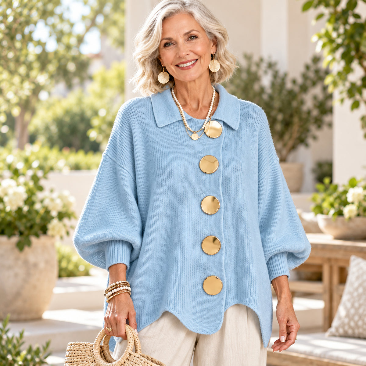 Women's Elegant Ribbed Knit Cardigan with Gold Buttons