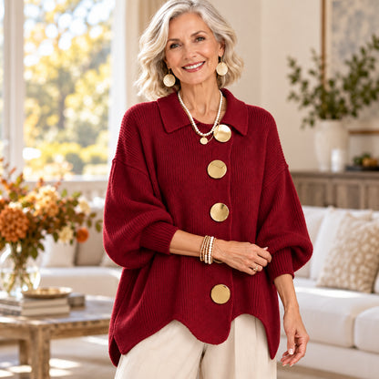 Women's Elegant Ribbed Knit Cardigan with Gold Buttons