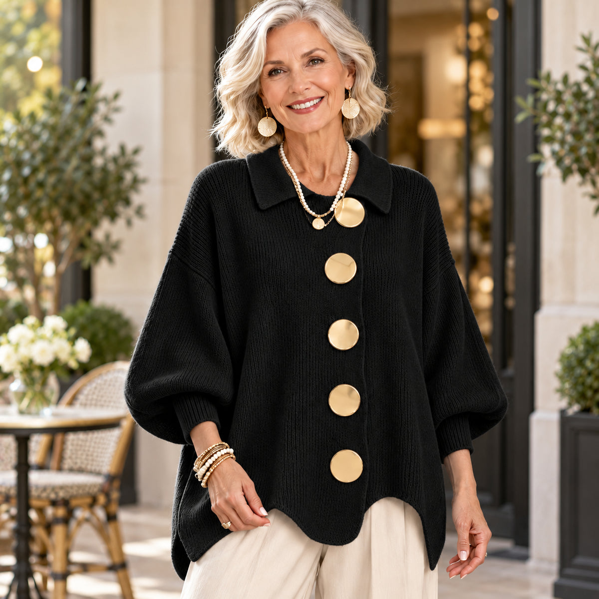 Women's Elegant Ribbed Knit Cardigan with Gold Buttons