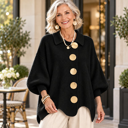 Women's Elegant Ribbed Knit Cardigan with Gold Buttons