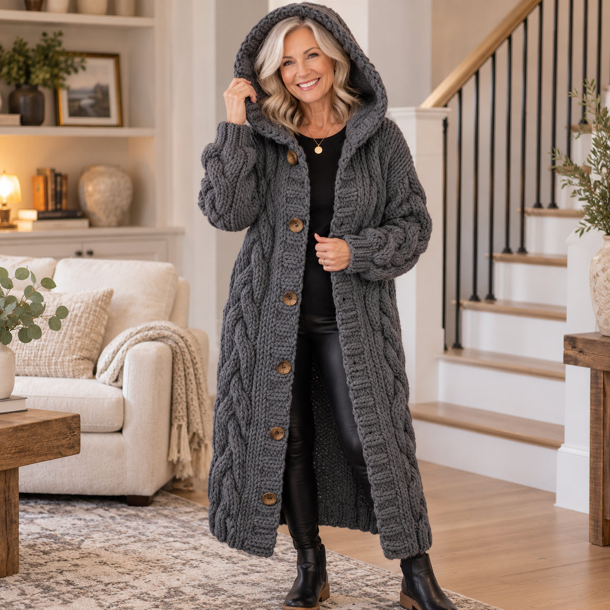 Women's Cozy Chunky Cable Knit Long Hooded Cardigan