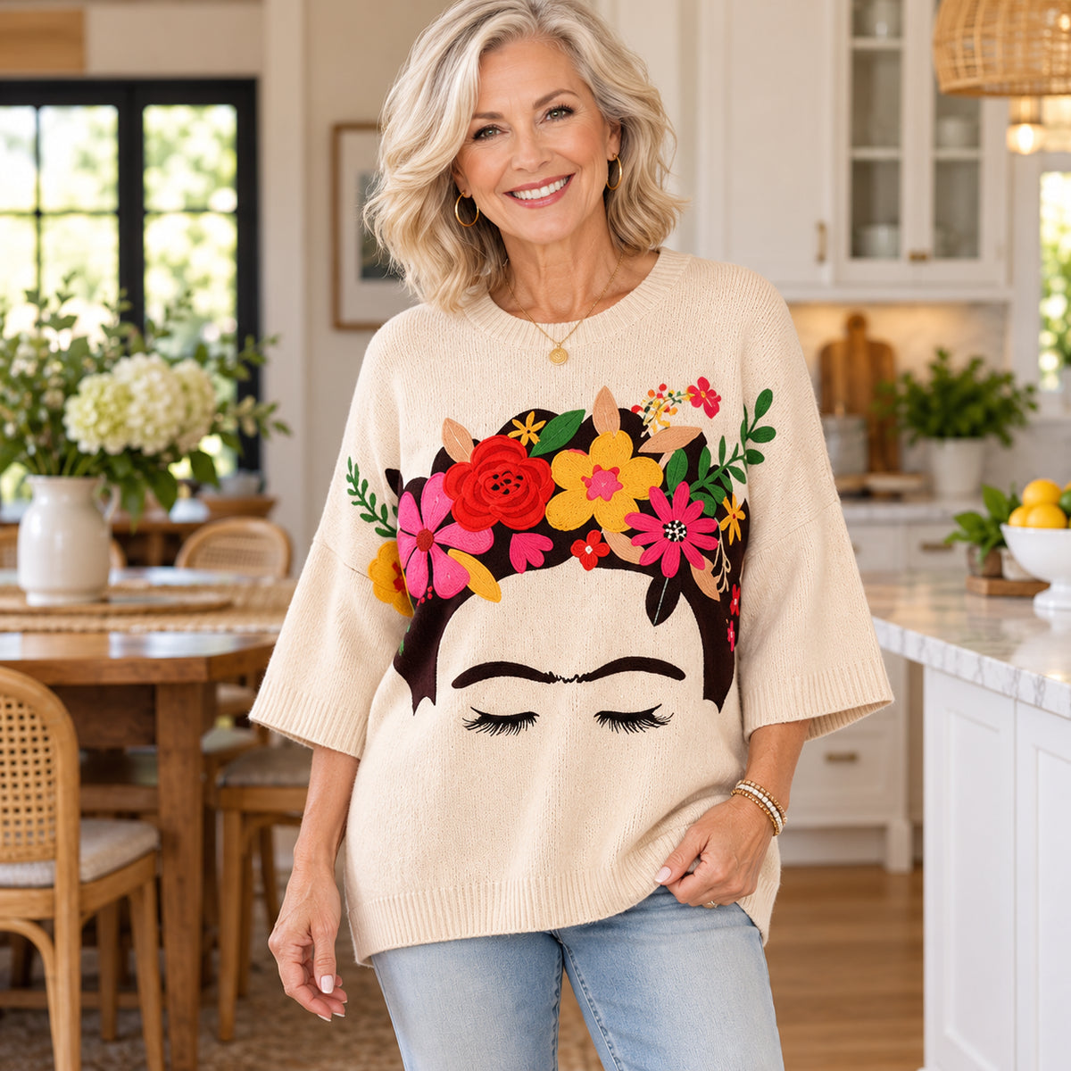 Women's Floral Portrait Knit Sweater