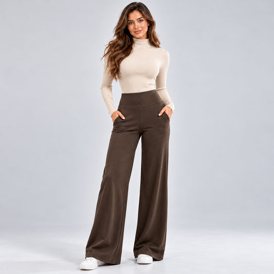 Women's Cozy Fleece Lined Wide Leg Pants with High Waist