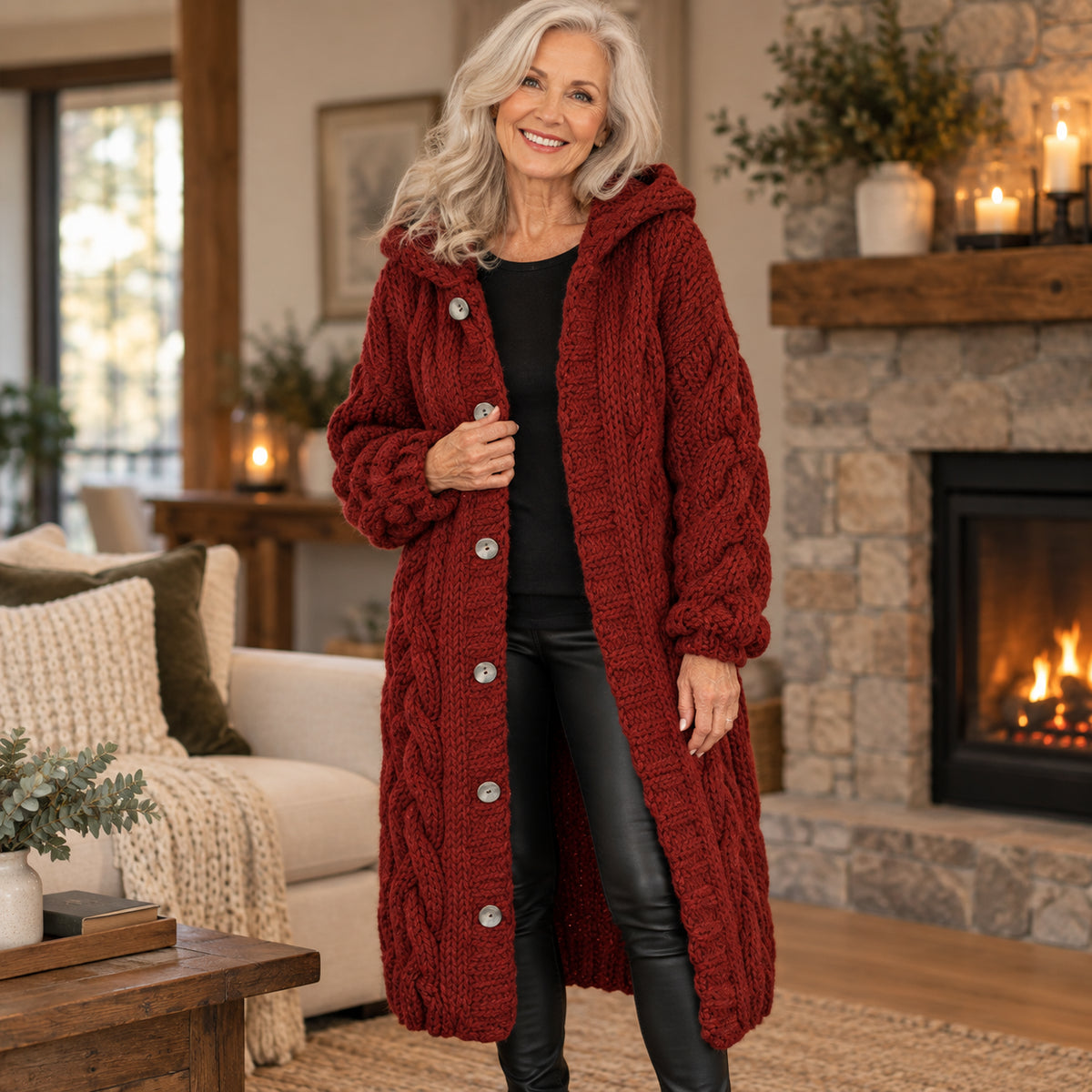 Women's Cozy Chunky Cable Knit Long Hooded Cardigan