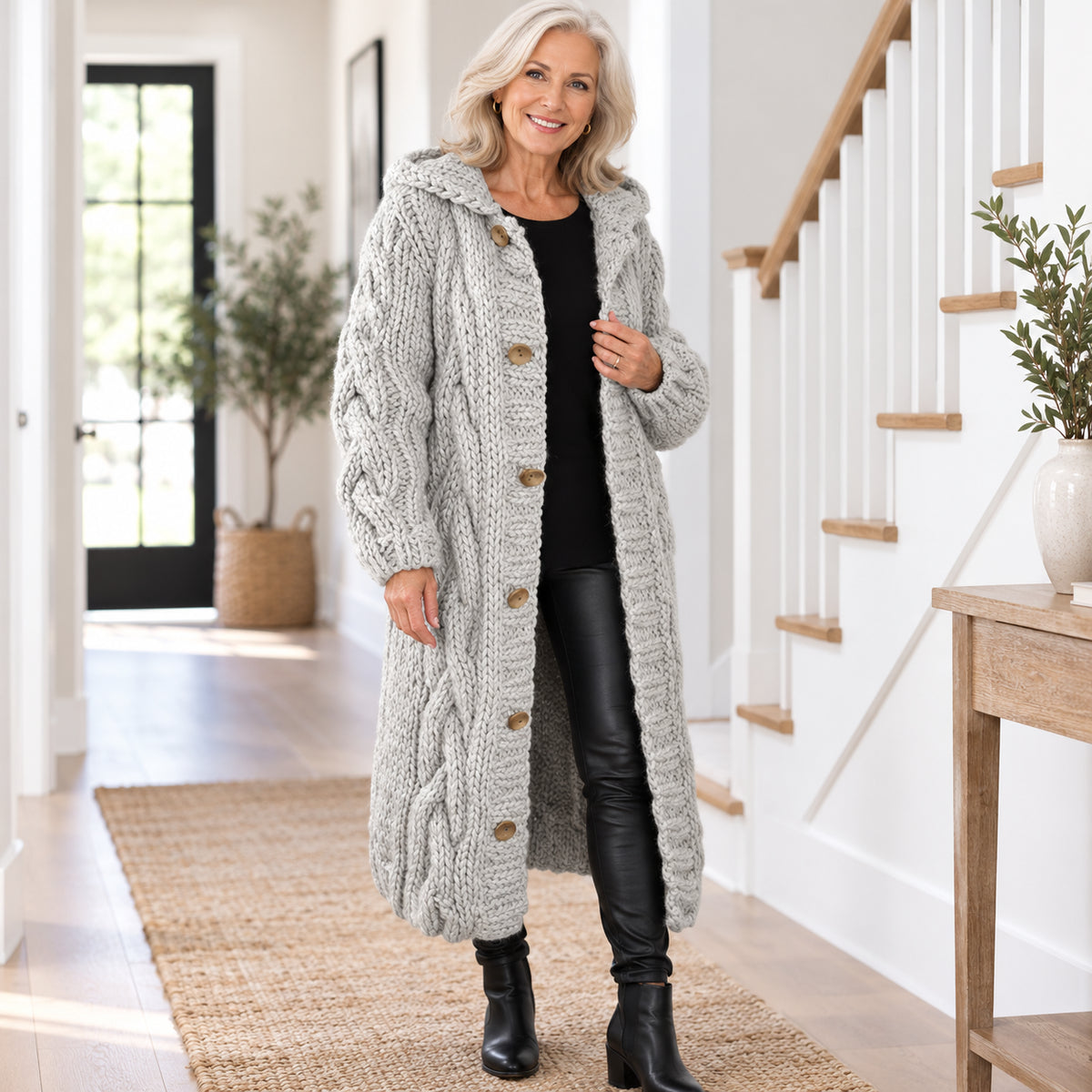 Women's Cozy Chunky Cable Knit Long Hooded Cardigan