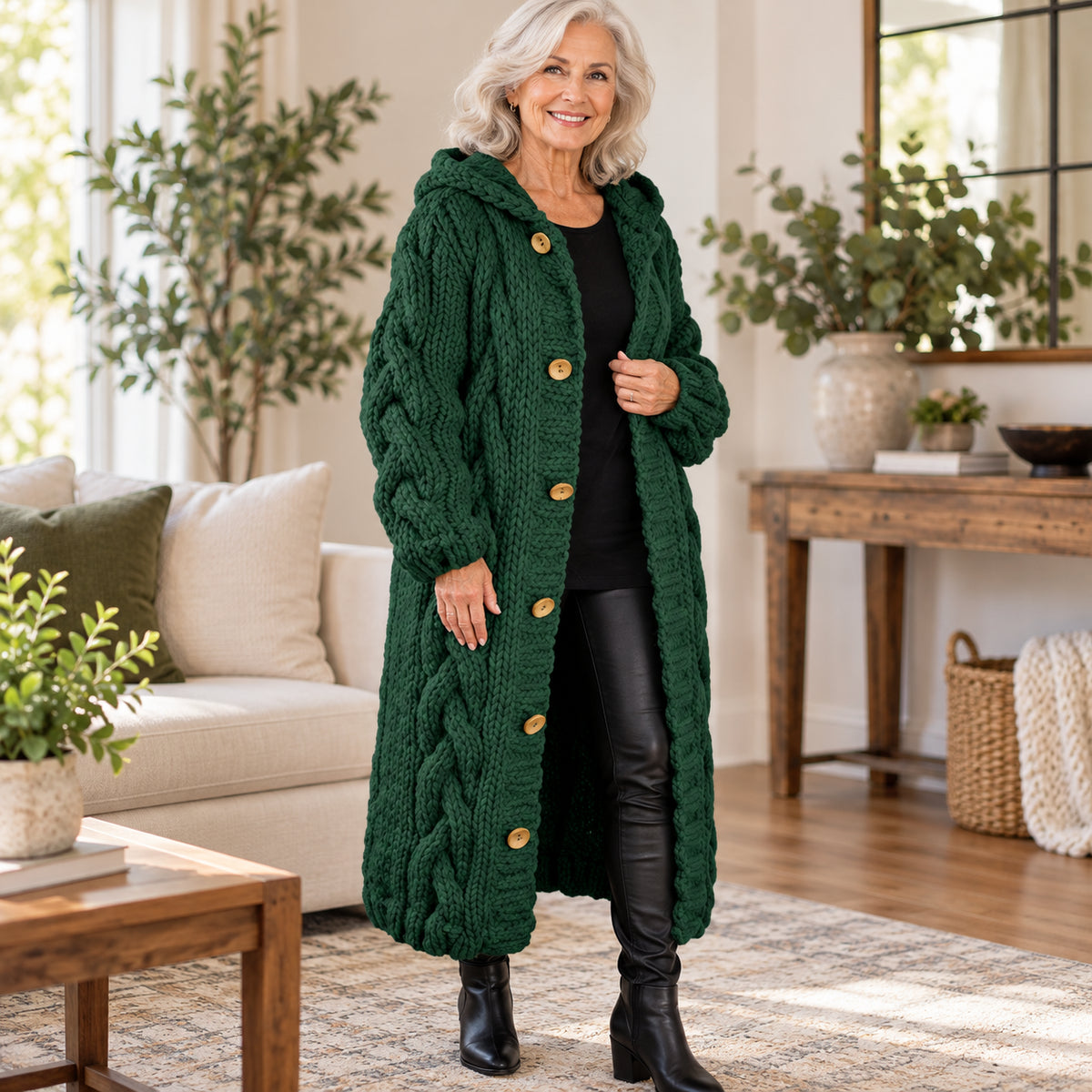Women's Cozy Chunky Cable Knit Long Hooded Cardigan