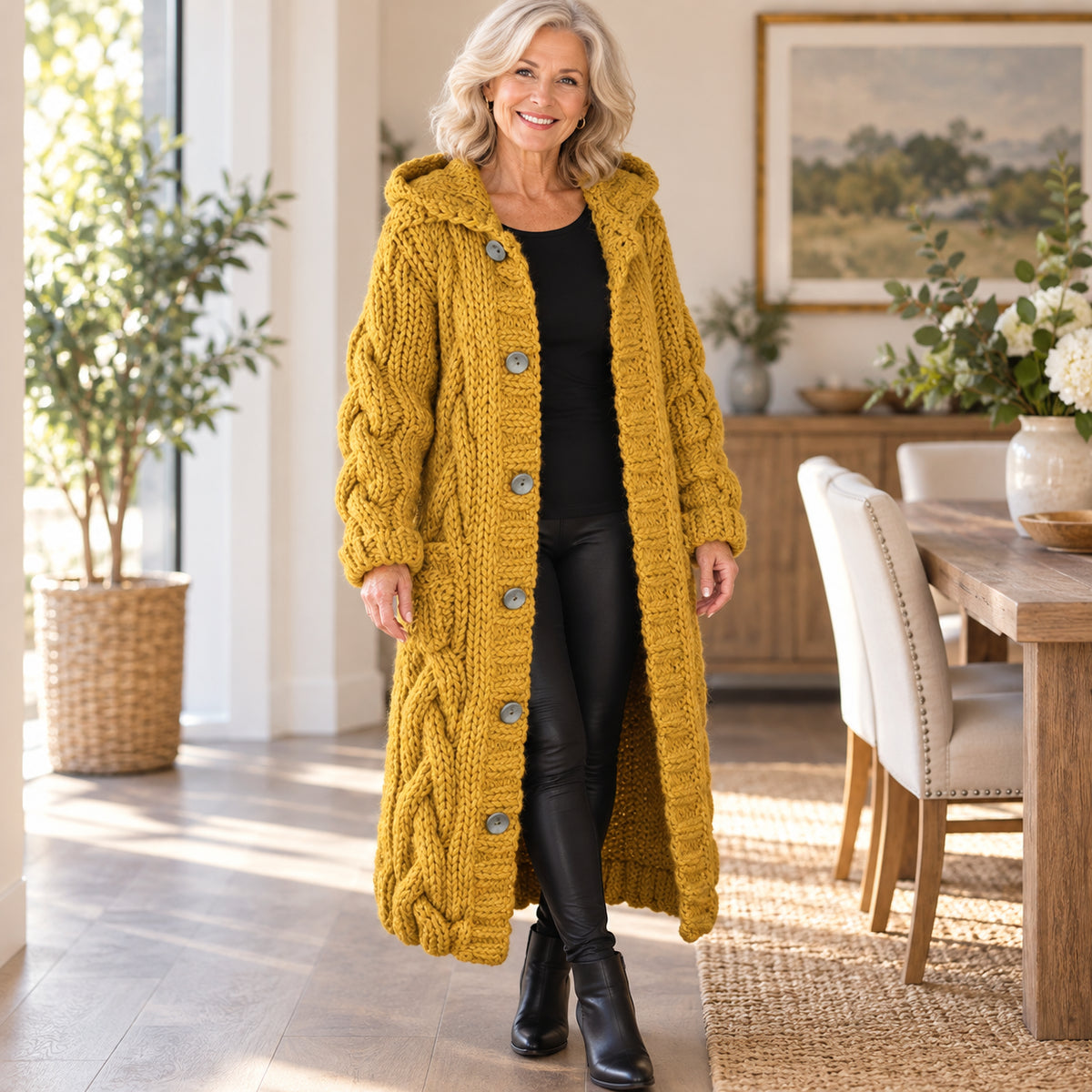 Women's Cozy Chunky Cable Knit Long Hooded Cardigan