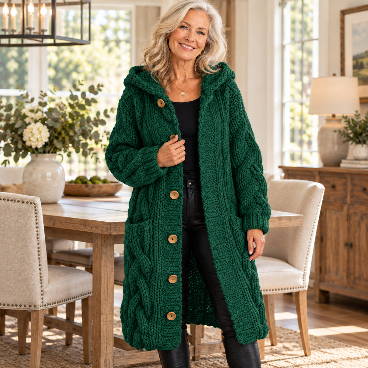 Women's Cozy Chunky Cable Knit Long Hooded Cardigan