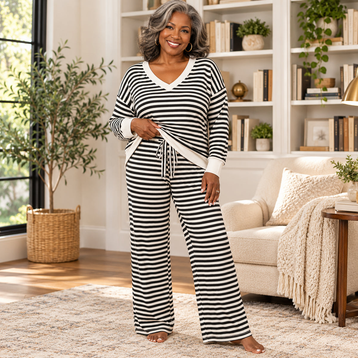 Women's Plus Size Striped Casual Two-Piece Outfit