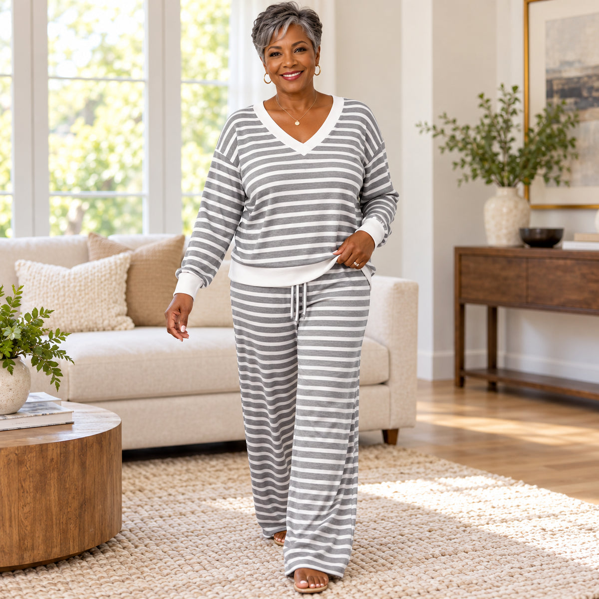 Women's Plus Size Striped Casual Two-Piece Outfit