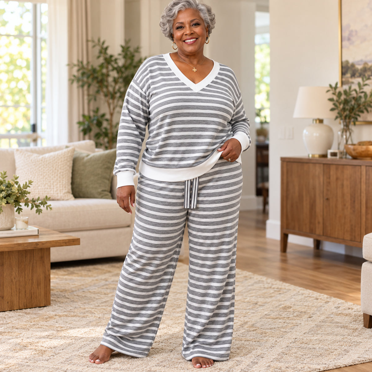 Women's Plus Size Striped Casual Two-Piece Outfit