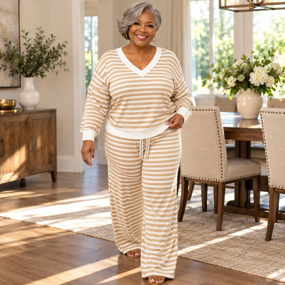 Women's Plus Size Striped Casual Two-Piece Outfit