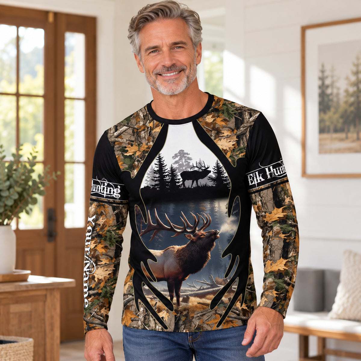 Men's 3D Deer Print Long Sleeve Shirt