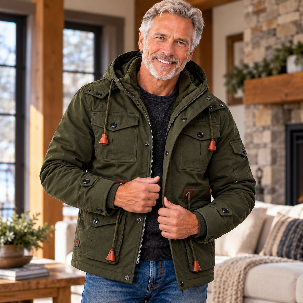 Men's Warm Fleece-Lined Hooded Utility Jacket