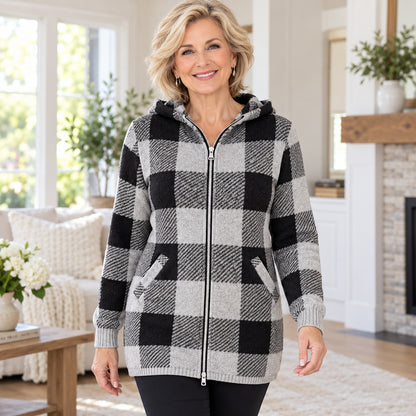 Women's Cozy Plaid Hooded Long Cardigan