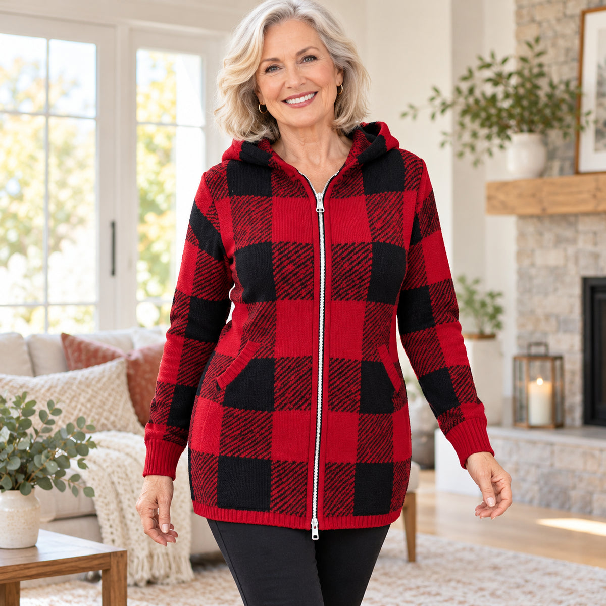 Women's Cozy Plaid Hooded Long Cardigan