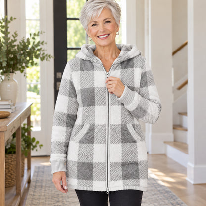 Women's Cozy Plaid Hooded Long Cardigan