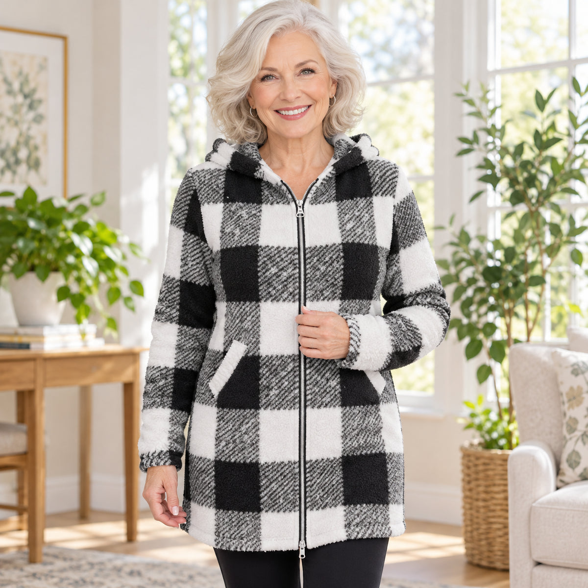 Women's Cozy Plaid Hooded Long Cardigan