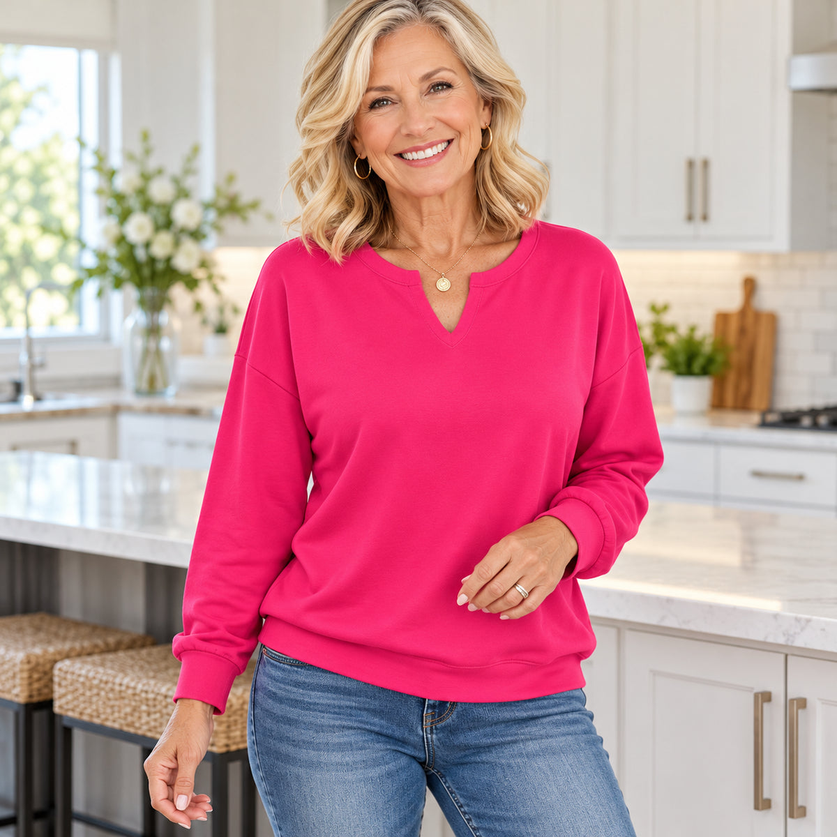 Women's Relaxed Notch V-Neck Long Sleeve Top