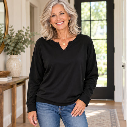 Women's Relaxed Notch V-Neck Long Sleeve Top