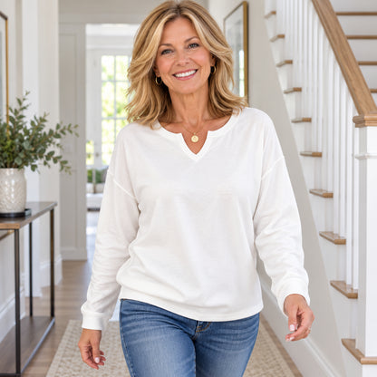 Women's Relaxed Notch V-Neck Long Sleeve Top