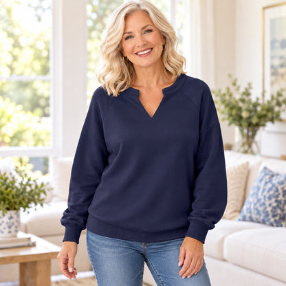 Women's Relaxed Notch V-Neck Long Sleeve Top