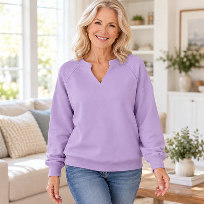 Women's Relaxed Notch V-Neck Long Sleeve Top