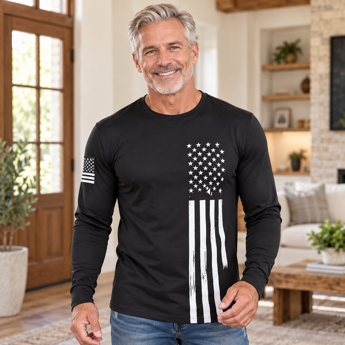 Men's Patriotic American Flag Long-Sleeve Shirt