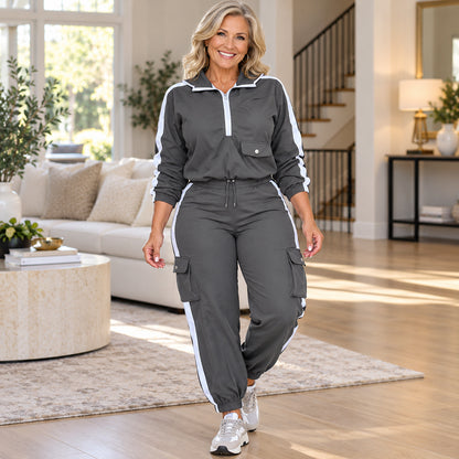 Women's Contrast Stripe Half-Zip Cargo Jogger Set