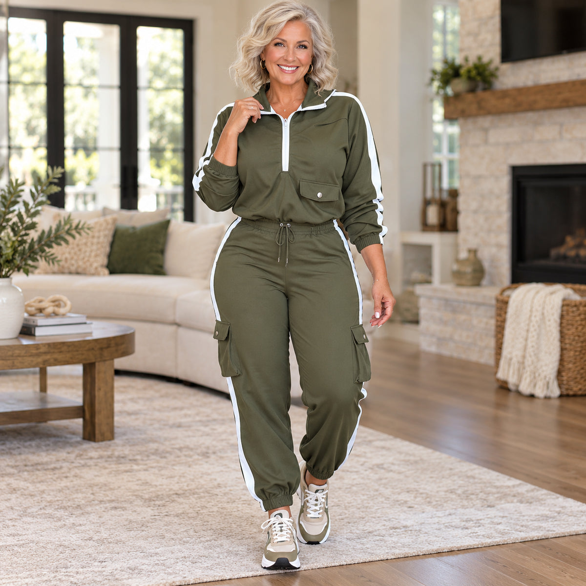Women's Contrast Stripe Half-Zip Cargo Jogger Set