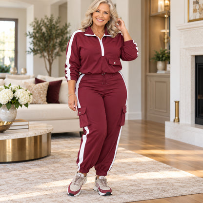 Women's Contrast Stripe Half-Zip Cargo Jogger Set