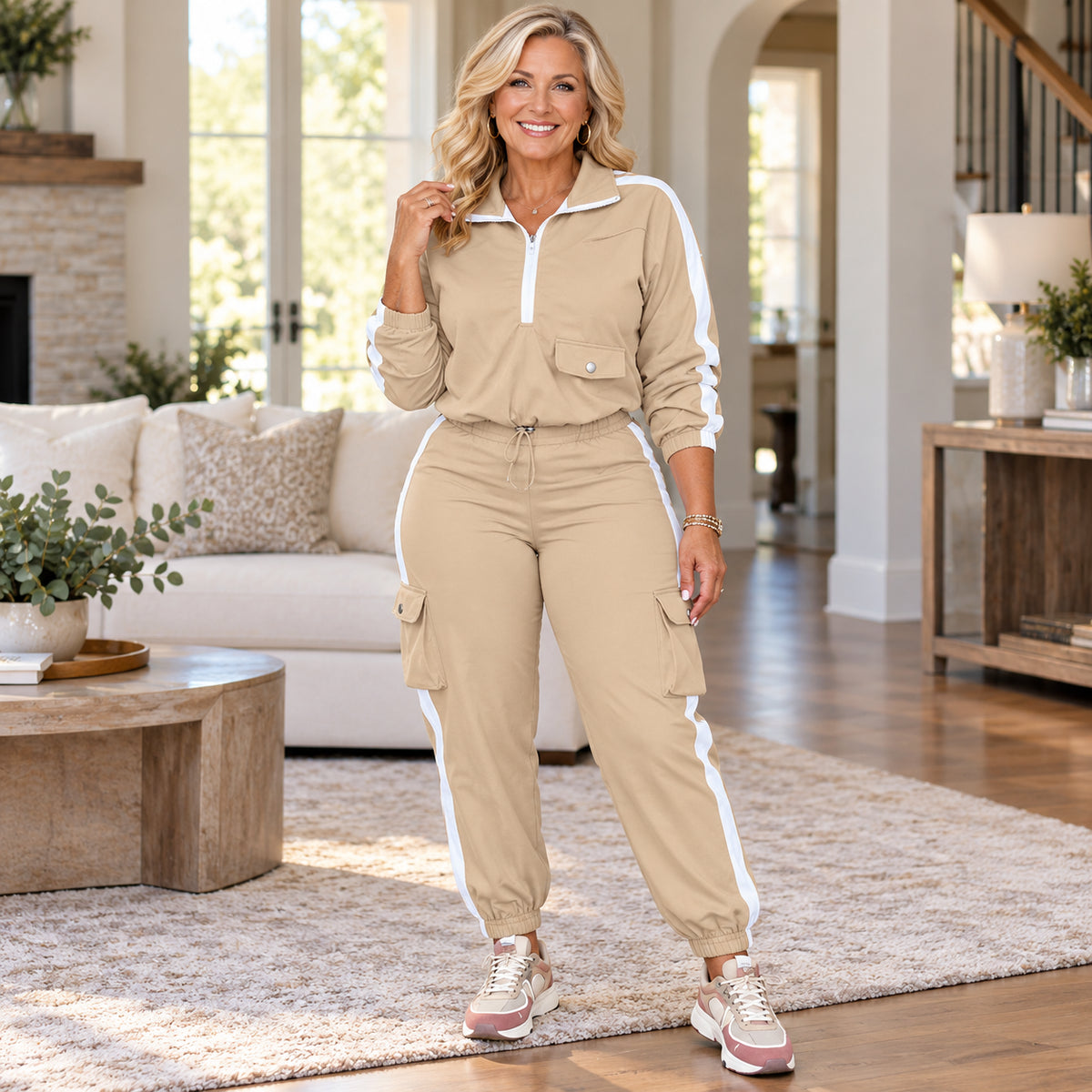 Women's Contrast Stripe Half-Zip Cargo Jogger Set