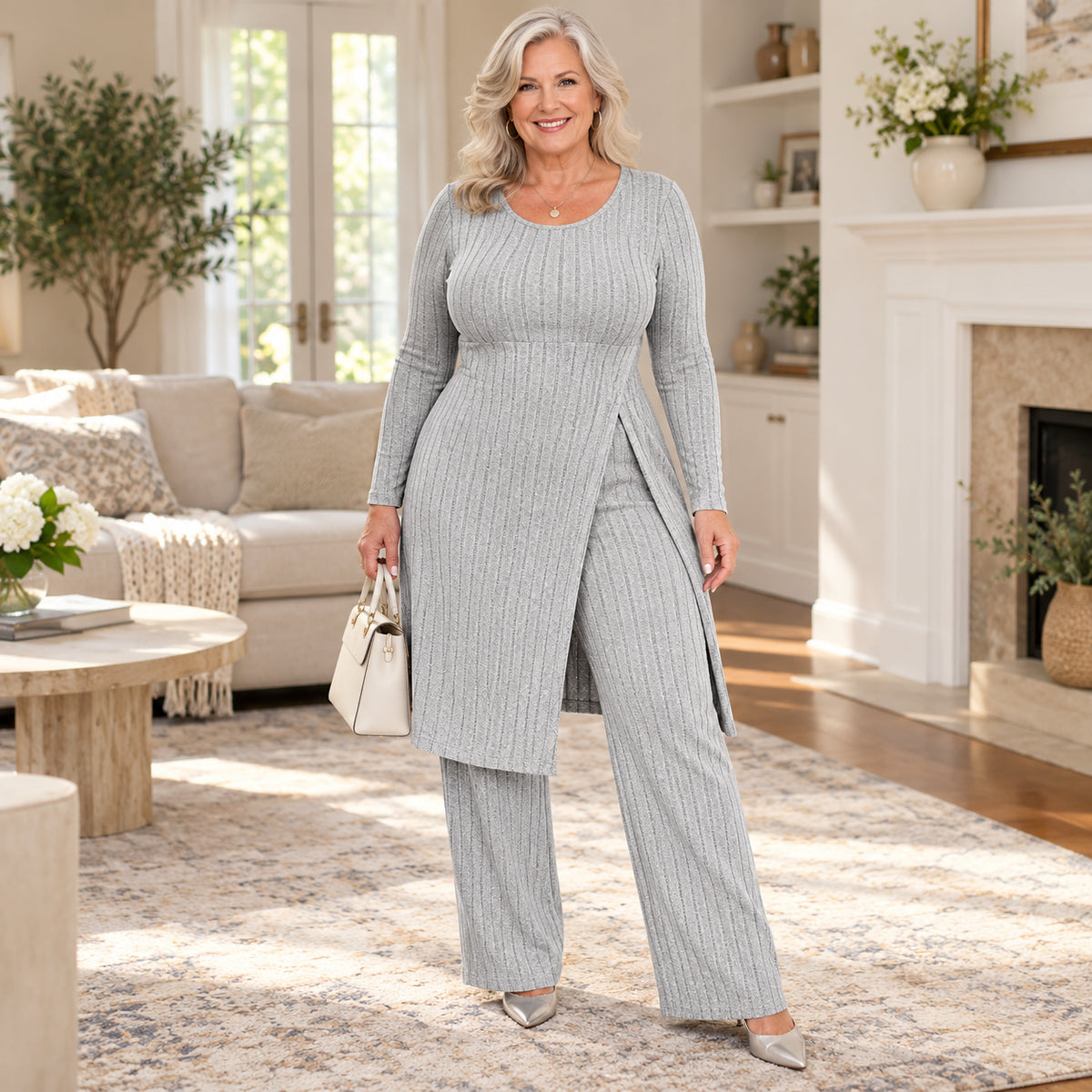 Women's Elegant Ribbed Knit Tunic & Wide-Leg Pants Set