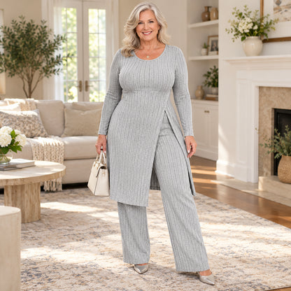 Women's Elegant Ribbed Knit Tunic & Wide-Leg Pants Set