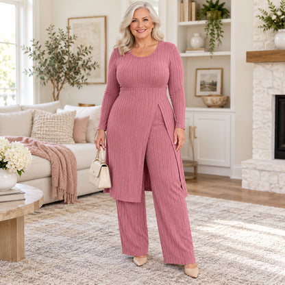 Women's Elegant Ribbed Knit Tunic & Wide-Leg Pants Set