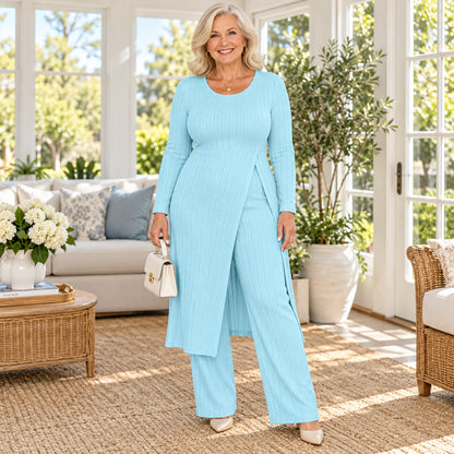 Women's Elegant Ribbed Knit Tunic & Wide-Leg Pants Set