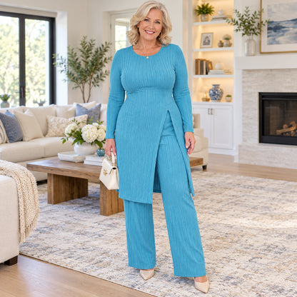 Women's Elegant Ribbed Knit Tunic & Wide-Leg Pants Set