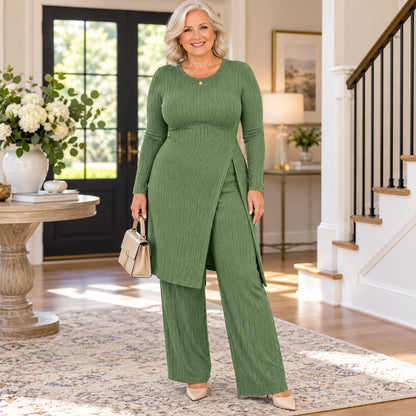 Women's Elegant Ribbed Knit Tunic & Wide-Leg Pants Set