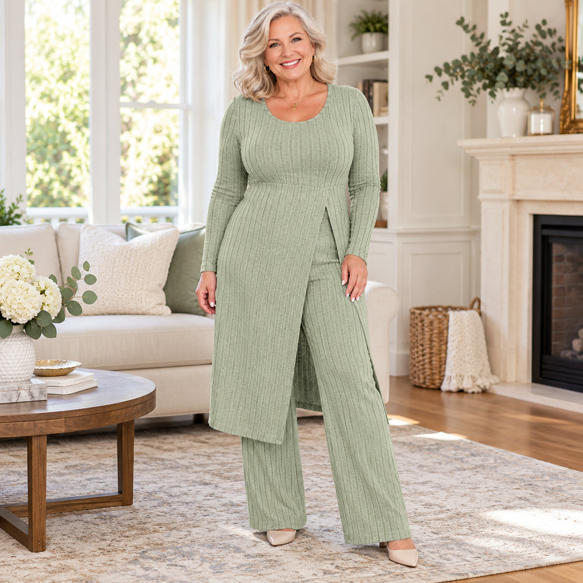 Women's Elegant Ribbed Knit Tunic & Wide-Leg Pants Set