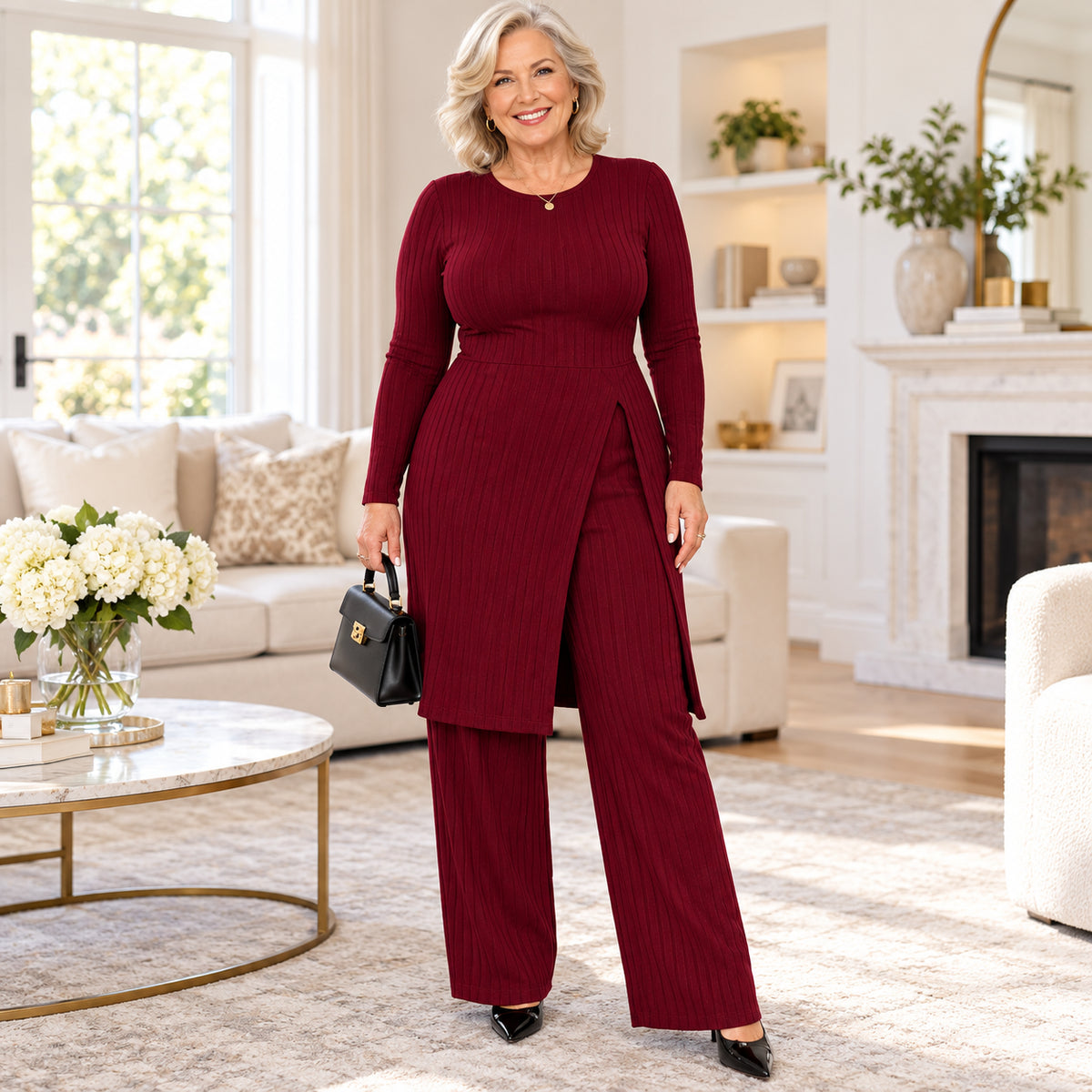 Women's Elegant Ribbed Knit Tunic & Wide-Leg Pants Set