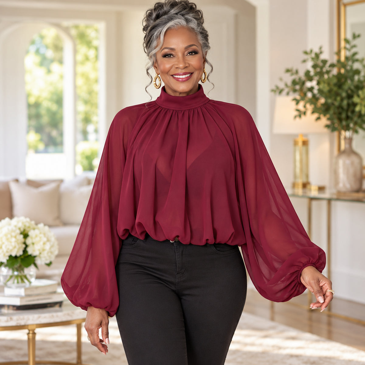 Women's Elegant Mock Neck Lantern Sleeve Blouse