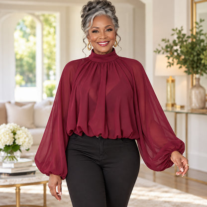 Women's Elegant Mock Neck Lantern Sleeve Blouse