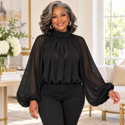 Women's Elegant Mock Neck Lantern Sleeve Blouse