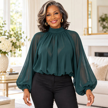 Women's Elegant Mock Neck Lantern Sleeve Blouse