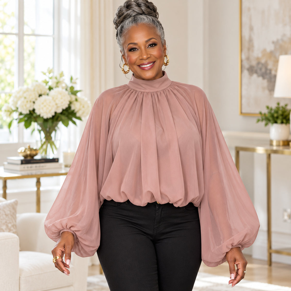 Women's Elegant Mock Neck Lantern Sleeve Blouse