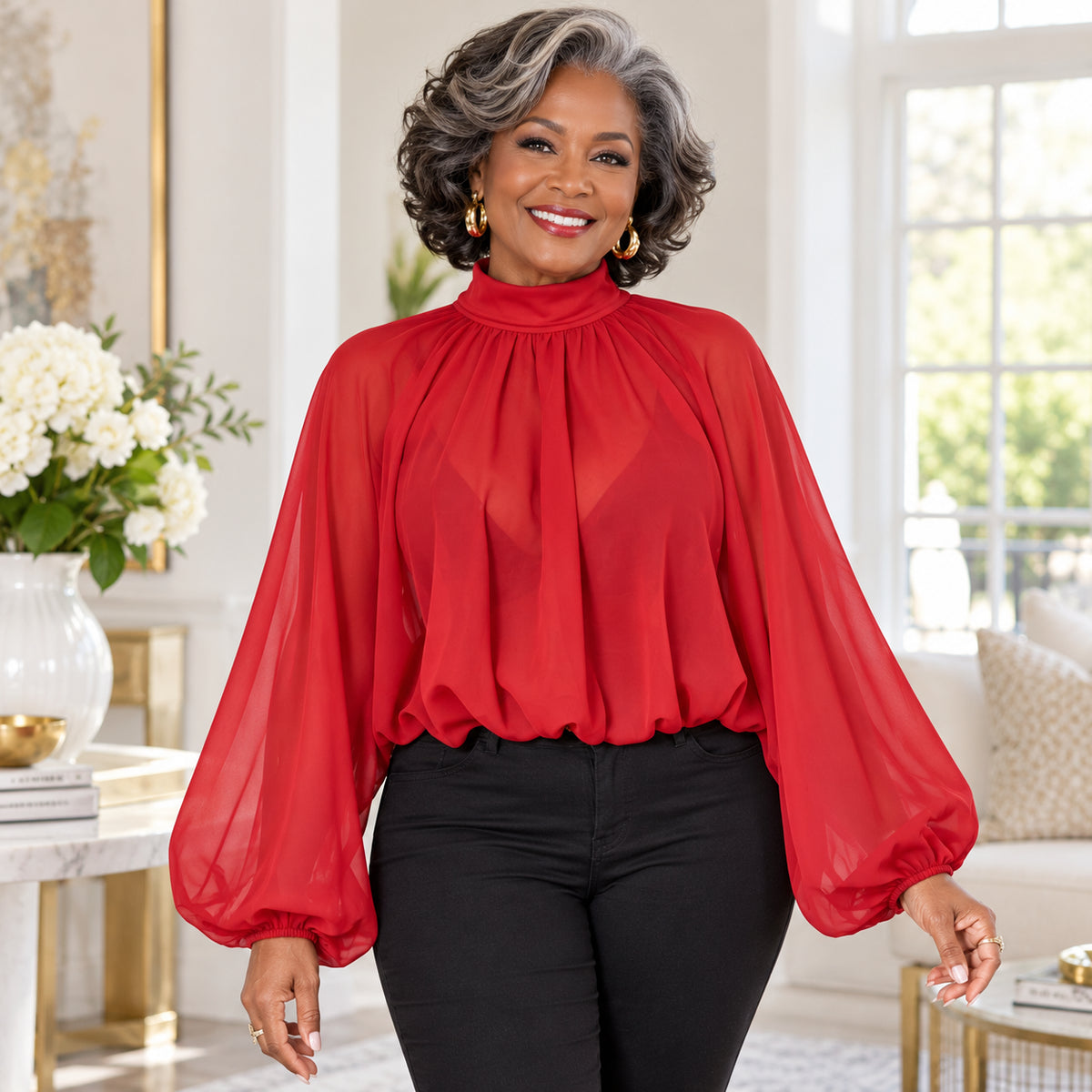 Women's Elegant Mock Neck Lantern Sleeve Blouse