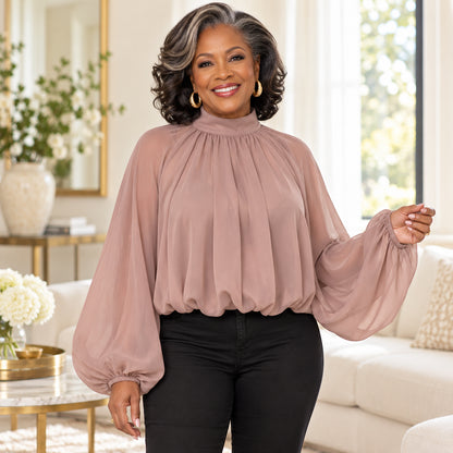 Women's Elegant Mock Neck Lantern Sleeve Blouse
