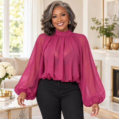 Women's Elegant Mock Neck Lantern Sleeve Blouse